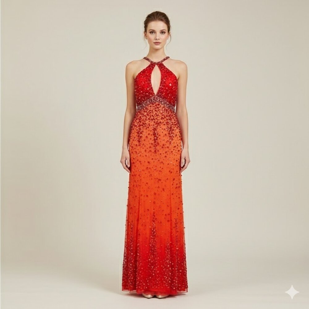 Tiffany Designs Red and Orange Beaded Halter Dress